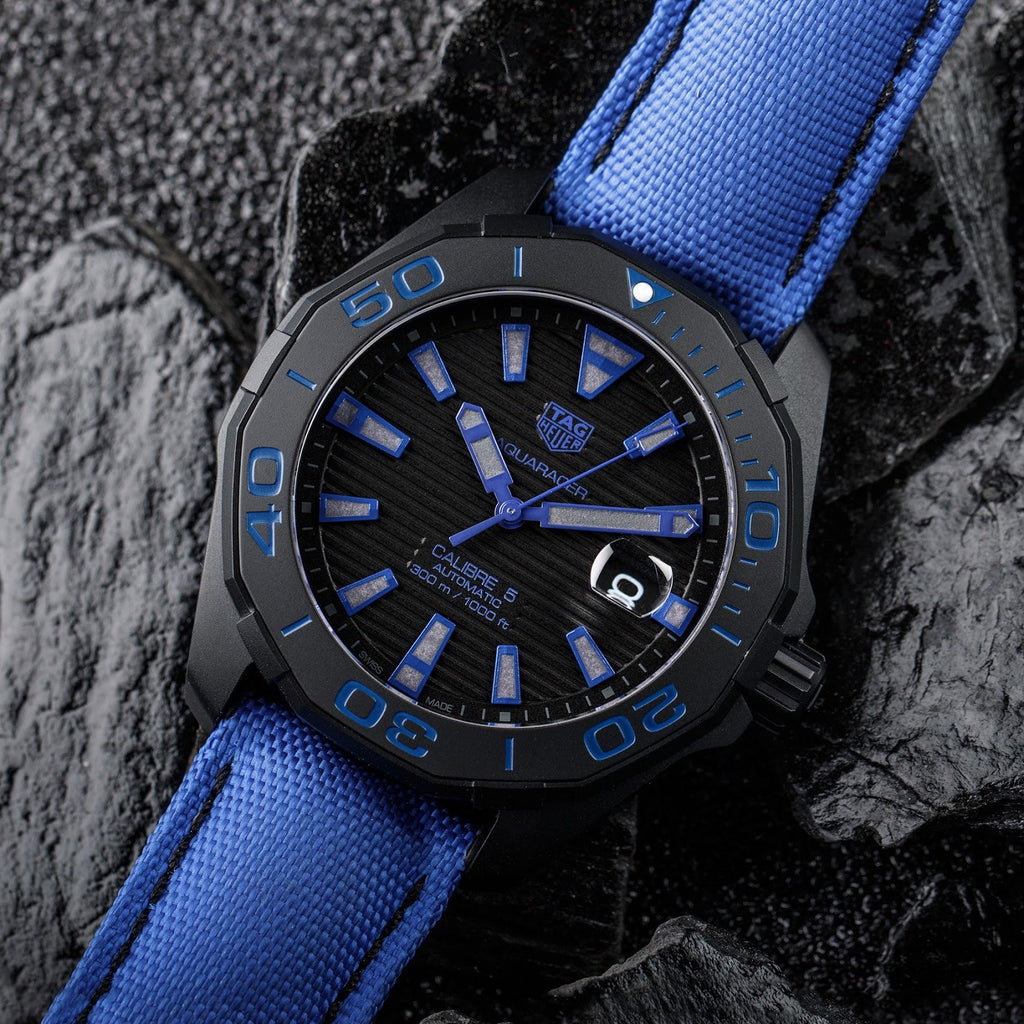 Buy Shop Tag Heuer Aquaracer Calibre 5 Automatic Titanium Blue Dial Blue Nylon Strap Watch for Gents - WAY208B.FC6382 USA Online