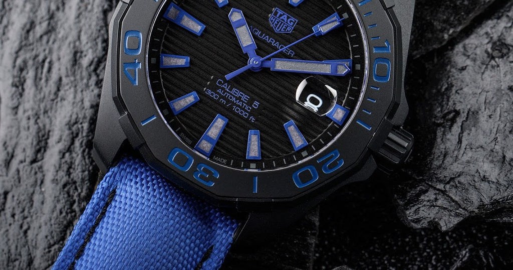 Buy Shop Tag Heuer Aquaracer Calibre 5 Automatic Titanium Blue Dial Blue Nylon Strap Watch for Gents - WAY208B.FC6382 USA Online