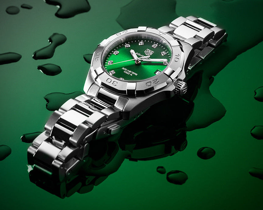 Buy Shop Tag Heuer Aquaracer Diamonds Emerald Green Dial Silver Steel Strap Watch for Women - WBD1316.BA0740 USA Online