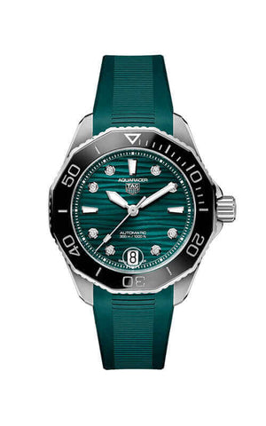 Buy Shop Tag Heuer Aquaracer Professional 300 Automatic Diamonds Green Dial Green Rubber Strap Watch for Women - WBP231G.FT6226 USA Online