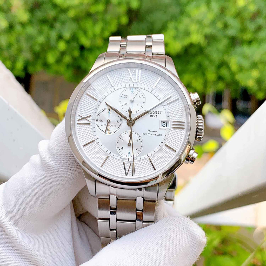 Buy Shop Tissot Chemin des Tourelles Automatic Chronograph White Dial Silver Steel Strap Watch for Men - T099.427.11.038.00 USA Online