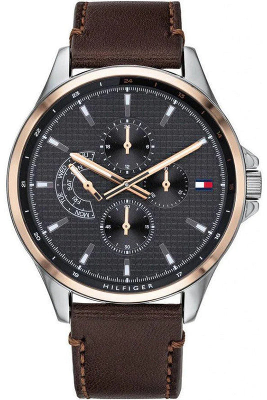 Buy Shop Tommy Hilfiger Shawn Multifunction Grey Dial Brown Leather Strap Watch for Men - 1791615 USA Online