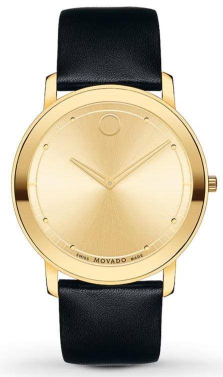 Buy Shop Movado Sapphire Gold Dial Black Leather Strap Watch For Men - 606883 USA Online