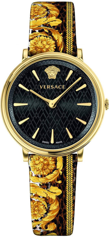 Buy Shop Versace V-Circle Black Dial Gold Leather Strap Watch for Women - VBP13017 USA Online