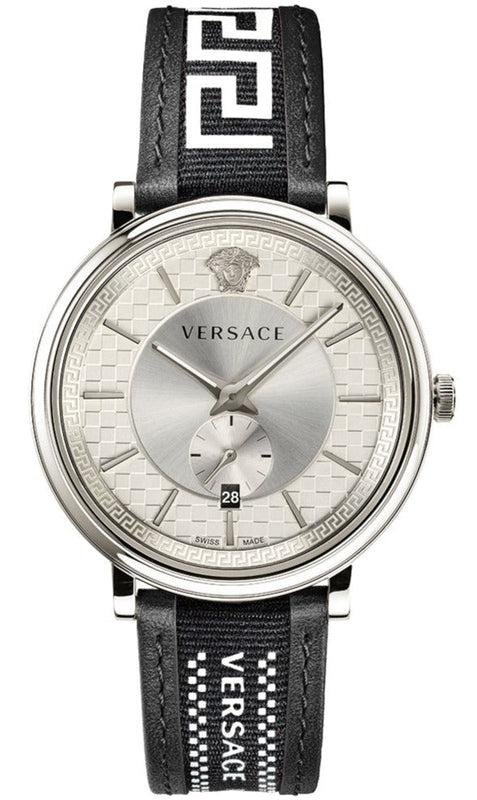 Buy Shop Versace V-Circle Silver Dial Black Leather Strap Watch for Men - VEBQ01219 USA Online