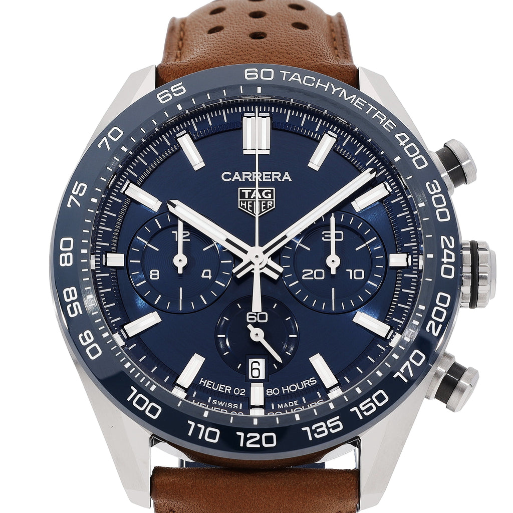 Buy Shop Tag Heuer Carrera Automatic Chronograph Blue Dial Brown Leather Strap Watch for Men - CBN2A1A.FC6537 USA Online
