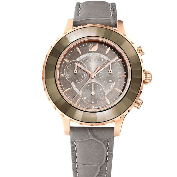 Buy Shop Swarovski Octea Lux Chrono Grey Dial Grey Leather Strap Watch for Women - 5452495 USA Online