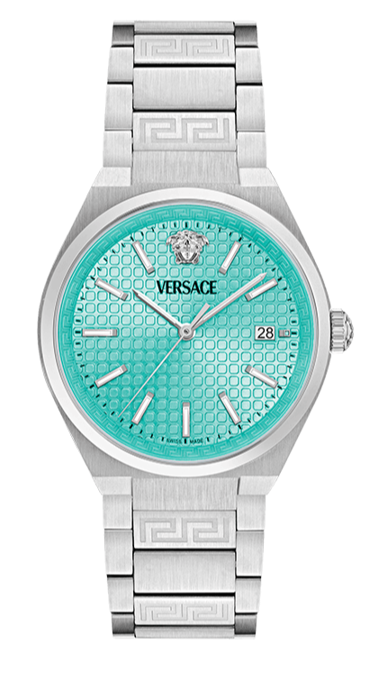 Buy Shop Versace V-Auria Quartz Turquoise Dial Silver Steel Strap Watch for Women - VE0F00225 USA Online
