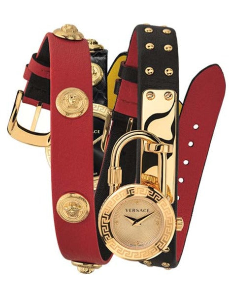 Buy Shop Versace Medusa Lock Icon Gold Dial Red Leather Strap Watch for Women - VEDW00119 USA Online