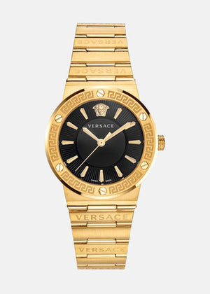 Buy Shop Versace Greca Black Dial Gold Steel Strap Watch for Women - VEVH00820 USA Online