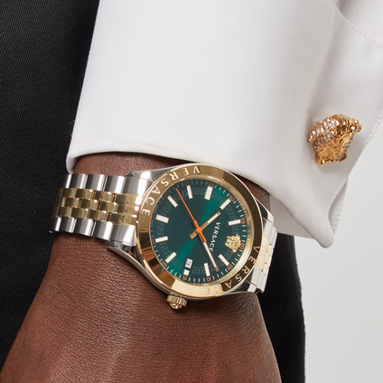 Buy Shop Versace Hellenyium Quartz Green Dial Two Tone Steel Strap Watch For Men - VEVI00620 USA Online