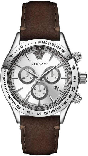 Versace Classic Chronograph Quartz Silver Dial Brown Leather Strap Watch For Men - VEV700119