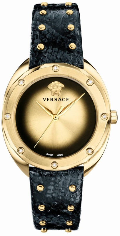 Buy Shop Versace Shadov Quartz Gold Dial Black Leather Strap Watch for Women - VEBM01118 USA Online