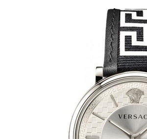 Buy Shop Versace V-Circle Silver Dial Black Leather Strap Watch for Men - VEBQ01219 USA Online