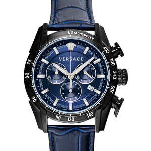 Buy Shop Versace V-Ray Chronograph Quartz Blue Dial Black Leather Strap Watch For Men - VEDB00418 USA Online