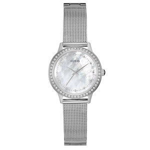 Buy Shop Guess Chelsea Mother of Pearl White Dial Silver Mesh Strap Watch For Women - W0647L1 USA Online