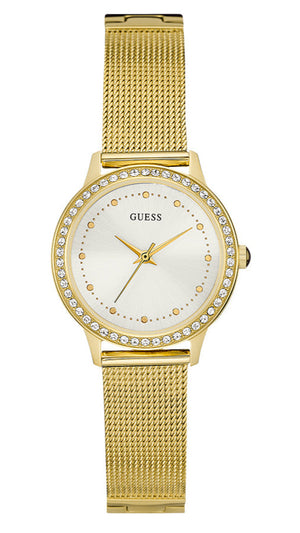 Guess Chelsea Crystals Mother of Pearl White Dial Gold Mesh Bracelet Watch For Women - W0647L7