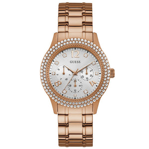 Buy Shop Guess Bedazzle Diamonds Silver Dial Rose Gold Steel Strap Watch For Women - W1097L3 USA Online