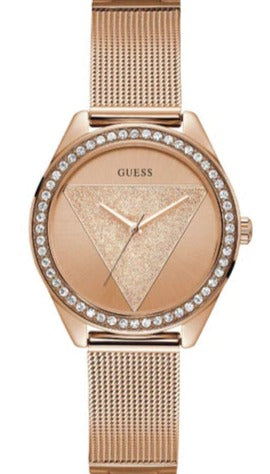 Buy Shop Guess Tri Glitz Quartz Diamonds Rose Gold Dial Rose Gold Mesh Bracelet Watch For Women - W1142L4 USA Online