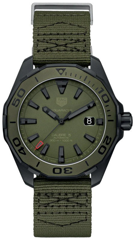 Buy Shop Tag Heuer Aquaracer Automatic Green Dial Khakhi Green Nylon Strap Watch for Men - WAY208E.FC8222 USA Online