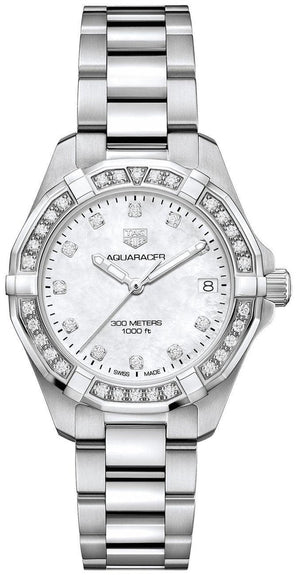 Buy Shop Tag Heuer Aquaracer Diamonds White Mother of Pearl Dial Silver Steel Strap Watch for Women - WBD1315.BA0740 USA Online
