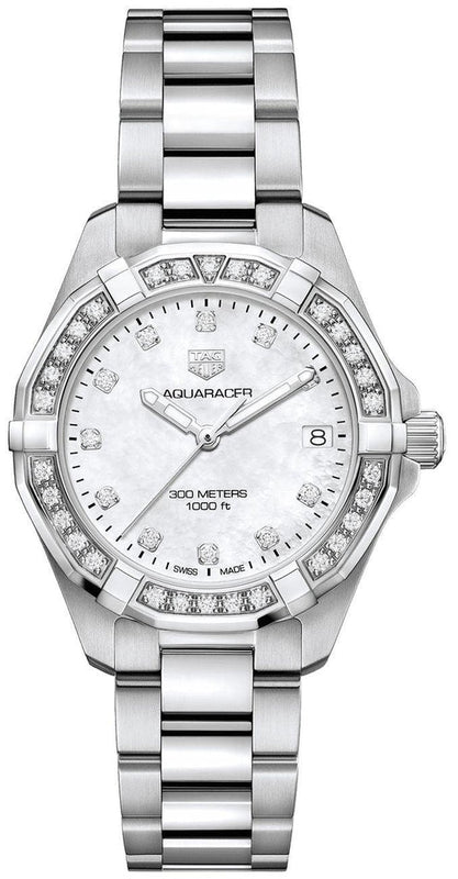 Buy Shop Tag Heuer Aquaracer Diamonds White Mother of Pearl Dial Silver Steel Strap Watch for Women - WBD1315.BA0740 USA Online