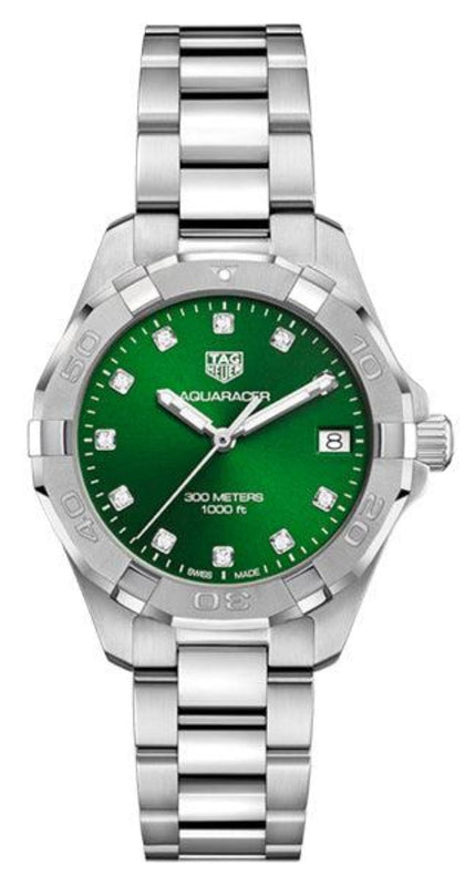 Buy Shop Tag Heuer Aquaracer Diamonds Emerald Green Dial Silver Steel Strap Watch for Women - WBD1316.BA0740 USA Online