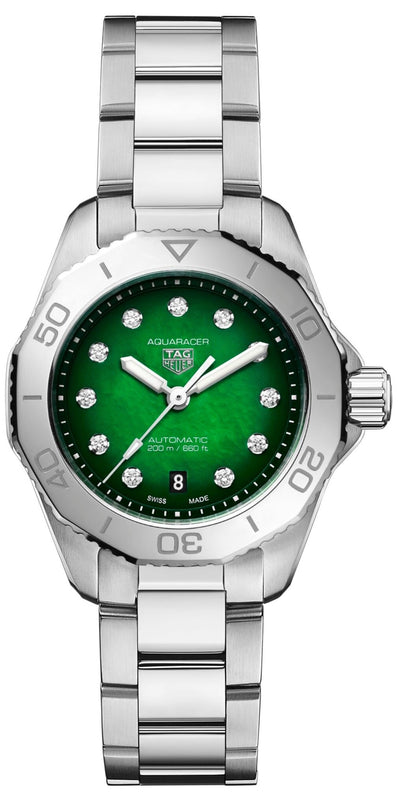 Buy Shop Tag Heuer Aquaracer Professional 200 Automatic Diamond Green Dial Silver Steel Strap Watch for Women - WBP2415.BA0622 USA Online