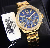 Michael Kors Wren Diamonds Blue Dial Gold Steel Strap Watch for Women - MK6291