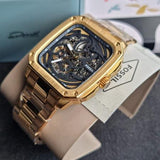 Buy Shop Fossil Inscription Automatic Skeleton Black Dial Gold Steel Strap Watch for Men - BQ2573 USA Online