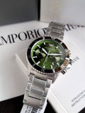 Emporio Armani Three Hand Green Dial Silver Steel Strap Watch For Men - AR11338