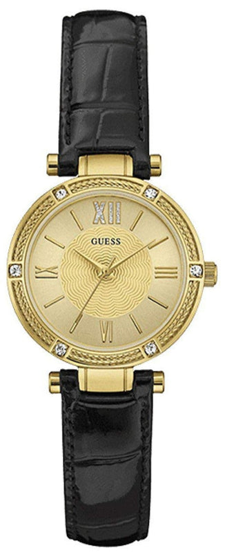 Buy Shop Guess Park Avenue Quartz Gold Dial Black Leather Strap Watch For Women - W0838L1 USA Online