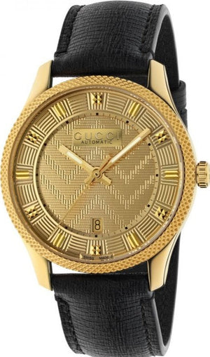 Buy Shop Gucci Eryx Automatic Chevron Gold Dial Black Leather Strap Watch For Men - YA126340 USA Online