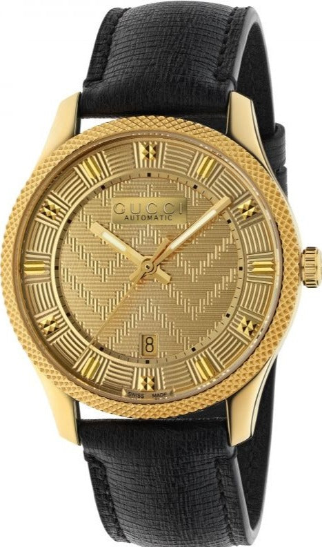 Buy Shop Gucci Eryx Automatic Chevron Gold Dial Black Leather Strap Watch For Men - YA126340 USA Online