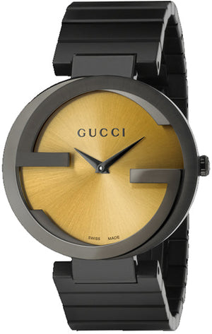 Buy Shop Gucci Interlocking G Quartz Gold Dial Black Steel Strap Watch For Women - YA133314 USA Online