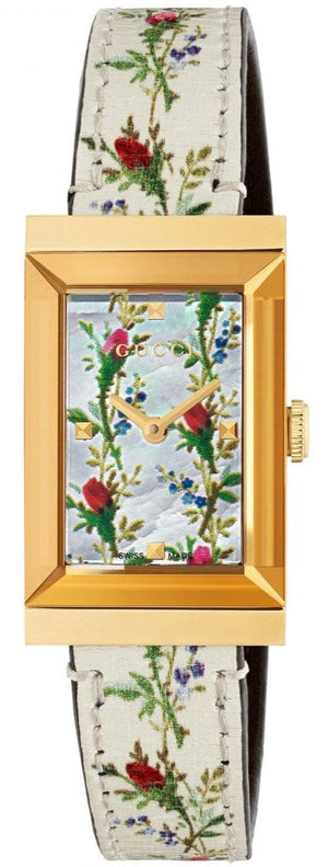 Buy Shop Gucci G-Frame Floral Mother of Pearl Dial White Leather Strap Watch For Women - YA147407 USA Online
