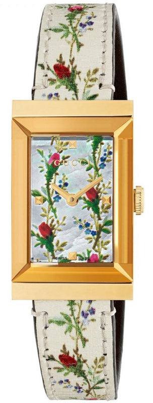 Buy Shop Gucci G-Frame Floral Mother of Pearl Dial White Leather Strap Watch For Women - YA147407 USA Online