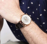Buy Shop Emporio Armani Meccanico Silver Skeleton Dial Brown Leather Strap Watch For Men - AR1983 USA Online