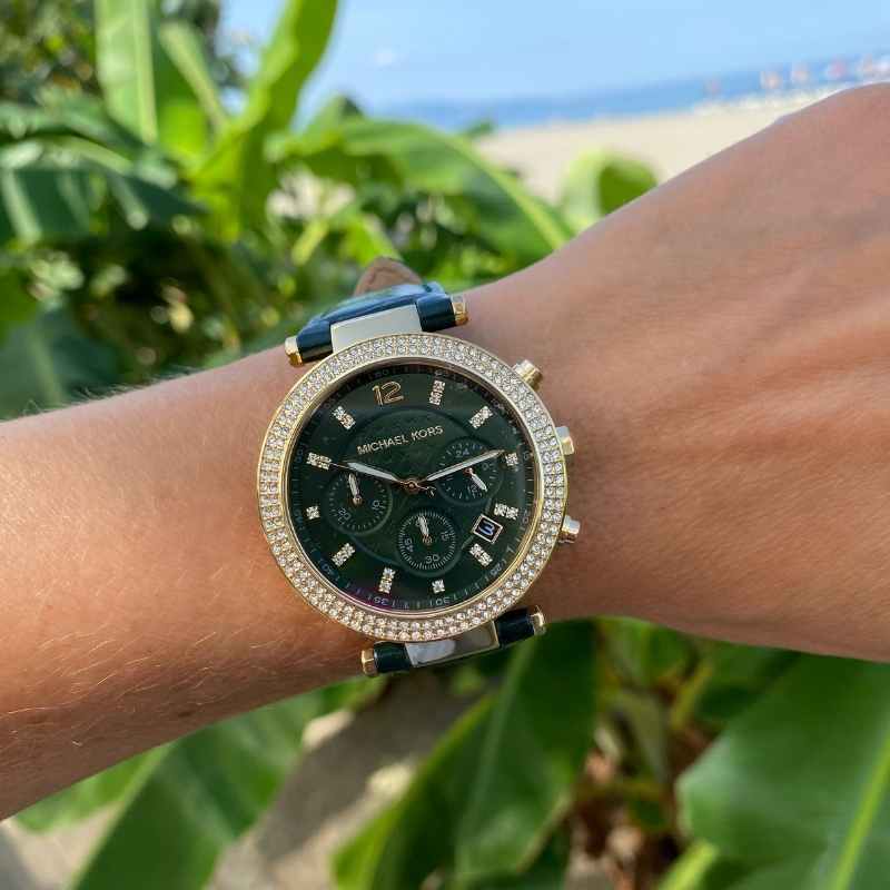 Buy Shop Michael Kors Parker Chronograph Green Dial Green Leather Strap Watch For Women - MK6985 USA Online