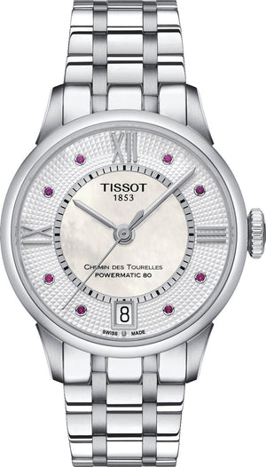 Buy Shop Tissot Chemin Des Tourelles Powermatic 80 Rubies Mother of Pearl Dial Silver Steel Strap Watch For Women - T099.207.11.113.00 USA Online