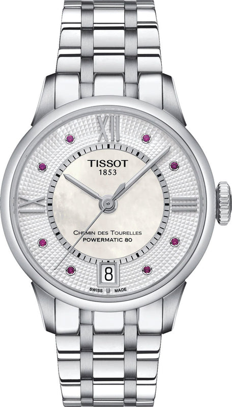 Buy Shop Tissot Chemin Des Tourelles Powermatic 80 Rubies Mother of Pearl Dial Silver Steel Strap Watch For Women - T099.207.11.113.00 USA Online