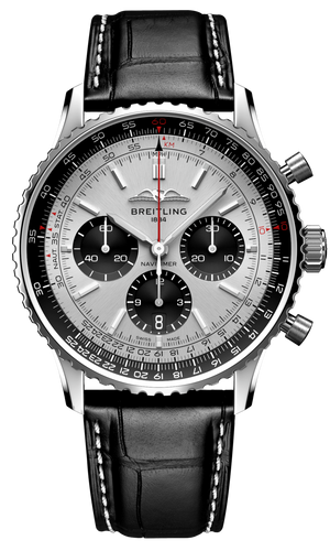 Buy Shop Breitling Navitimer B01 Chronograph 43 Silver Dial Black Leather Strap Watch for Men - AB0138241G1P1 USA Online