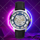 Buy Shop Fossil Townsman Automatic Skeleton Blue Dial Black Leather Strap Watch for Men - ME3200 USA Online