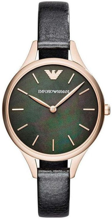 Buy Shop Emporio Armani Aurora Mother Of Pearl Black Dial Black Leather Strap Watch For Women - AR11056 USA Online