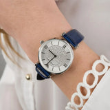 Buy Shop Emporio Armani Gianni T Bar Quartz Crystals Silver Dial Blue Leather Strap Watch For Women - AR11344 USA Online