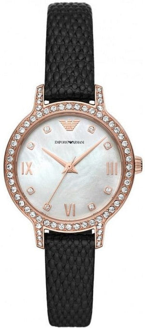 Buy Shop Emporio Armani Cleo Three-Hand Mother of Pearl Dial Black Leather Strap Watch For Women - AR11485 USA Online