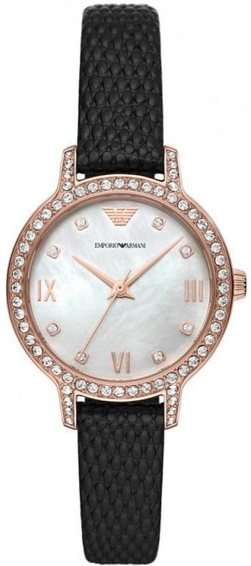 Buy Shop Emporio Armani Cleo Three-Hand Mother of Pearl Dial Black Leather Strap Watch For Women - AR11485 USA Online