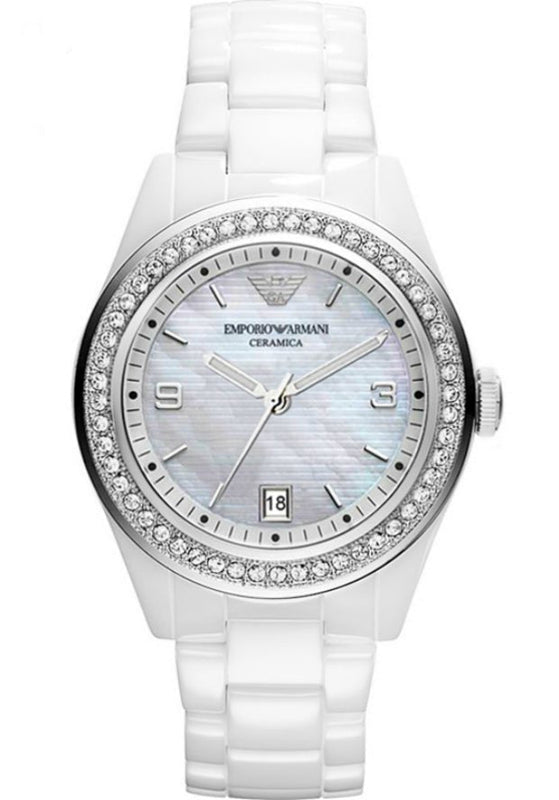 Buy Shop Emporio Armani Ceramica White Mother of Pearl Dial Stainless Steel Strap Watch For Women - AR1426 USA Online