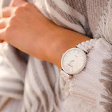 Buy Shop Emporio Armani Giannti T Bar Quartz Mother of Pearl Dial White Steel Strap Watch For Women - AR1485 USA Online