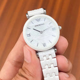 Buy Shop Emporio Armani Giannti T Bar Quartz Mother of Pearl Dial White Steel Strap Watch For Women - AR1485 USA Online